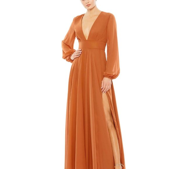 Mac Duggal Terra Cotta Chiffon Long Sleeve Plunge V-Neck Gown Size: 4 NWT - Picture 3 of 5